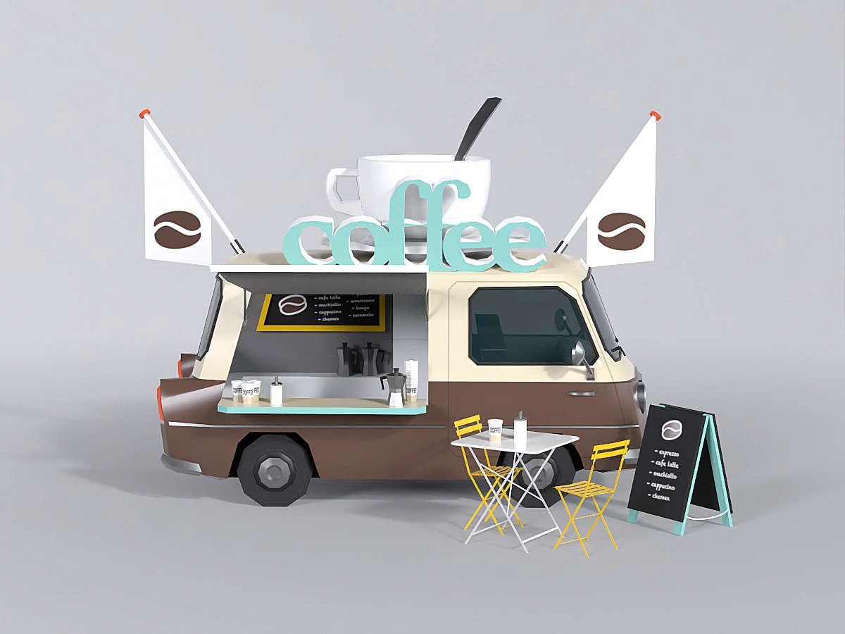 Foodtruck Coffee Low Poly 3D Model .c4d .max .obj .3ds .fbx .stl .blend
