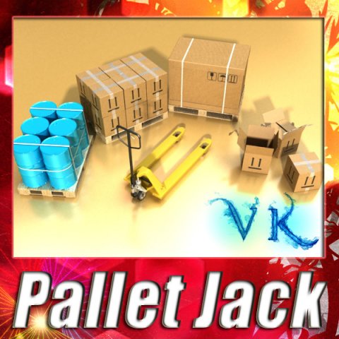pallet jack with cartons  metal drums 3D Model .c4d .max .obj .3ds .fbx .stl .blend 