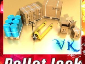pallet jack with cartons  metal drums 3D Model