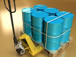 pallet jack with cartons  metal drums 3D Model