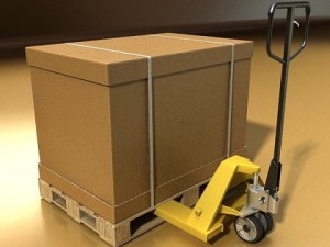pallet jack with cartons  metal drums 3D Model