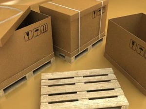 pallet jack with cartons  metal drums 3D Model