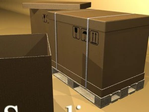 pallet jack with cartons  metal drums 3D Model