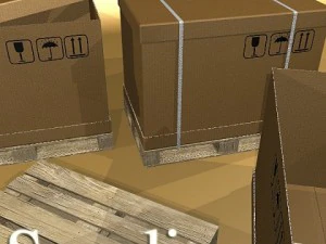 pallet jack with cartons  metal drums 3D Model