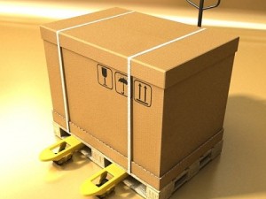 pallet jack with cartons  metal drums 3D Model