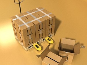 pallet jack with cartons  metal drums 3D Model