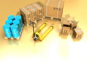 pallet jack with cartons  metal drums 3D Model
