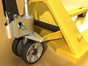 pallet jack with cartons  metal drums 3D Model