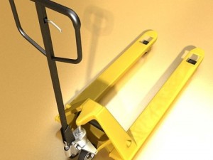 pallet jack with cartons  metal drums 3D Model