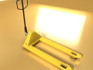 pallet jack with cartons  metal drums 3D Model