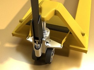 pallet jack with cartons  metal drums 3D Model