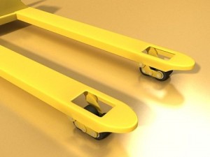 pallet jack with cartons  metal drums 3D Model