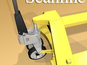 pallet jack with cartons  metal drums 3D Model