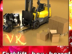 carrelli elevatori, pallet, cartoni, fusti metallici Modello 3D