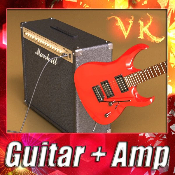 electric guitar with amplifier  cable 3D Model .c4d .max .obj .3ds .fbx .stl .blend 
