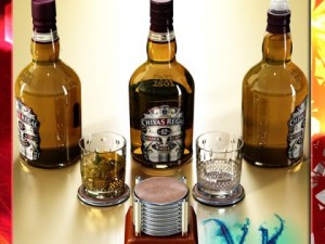 chivas regal bottle glass and coaster collection Model 3D