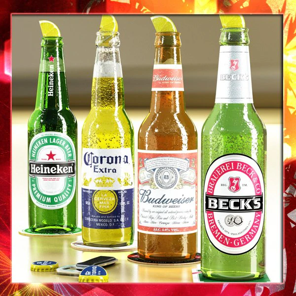 4 beers collection and bottle opener 3D Model .c4d .max .obj .3ds .fbx .stl .blend