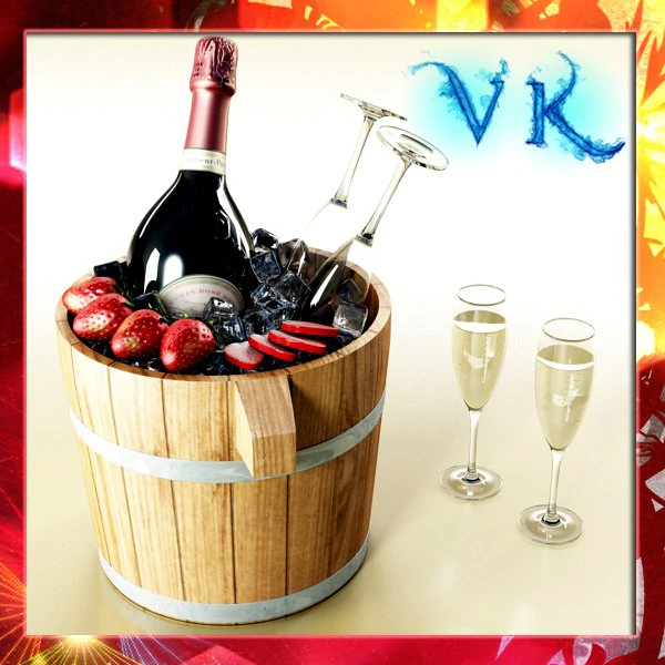 champagne set 2  bottle flute strawberry and wooden ice bucket 3D Model .c4d .max .obj .3ds .fbx .stl .blend 