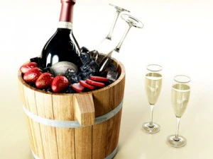 champagne set 2  bottle flute strawberry and wooden ice bucket 3D Model