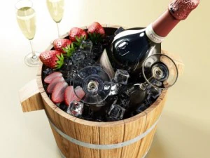 champagne set 2  bottle flute strawberry and wooden ice bucket 3D Model