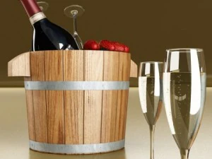 champagne set 2  bottle flute strawberry and wooden ice bucket 3D Model
