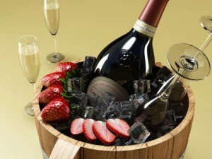 champagne set 2  bottle flute strawberry and wooden ice bucket 3D Model