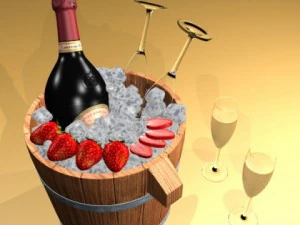 champagne set 2  bottle flute strawberry and wooden ice bucket 3D Model