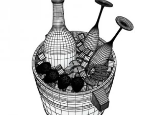 champagne set 2  bottle flute strawberry and wooden ice bucket 3D Model