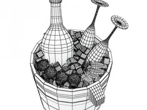 champagne set 2  bottle flute strawberry and wooden ice bucket 3D Model