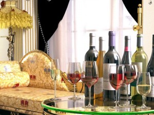 6 wine bottles and 6 wine glasses Modello 3D