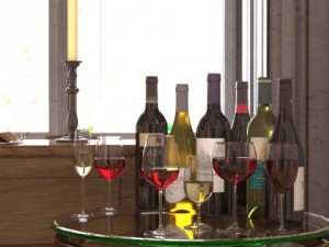 6 wine bottles and 6 wine glasses Modello 3D