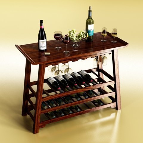 wine rack table bottles cups and grapes 3D 모델 .c4d .max .obj .3ds .fbx .stl .blend 
