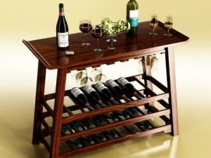 와인 랙 테이블 병 컵과 포도 3D 모델