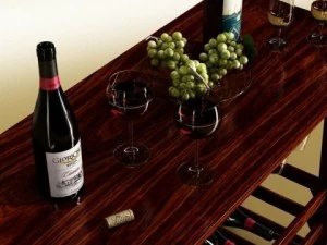 wine rack table bottles cups and grapes 3D Model