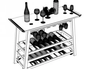 wine rack table bottles cups and grapes 3D Model