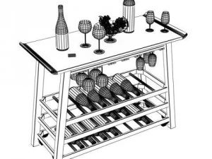 wine rack table bottles cups and grapes 3D Model