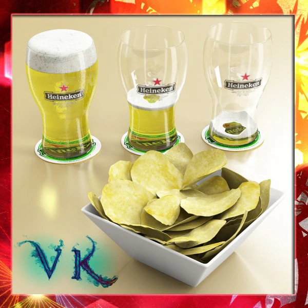 chips bowl and pint of beer 3D Model .c4d .max .obj .3ds .fbx .stl .blend