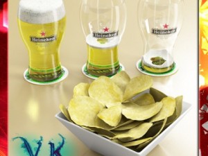 chips bowl and pint of beer 3D Model