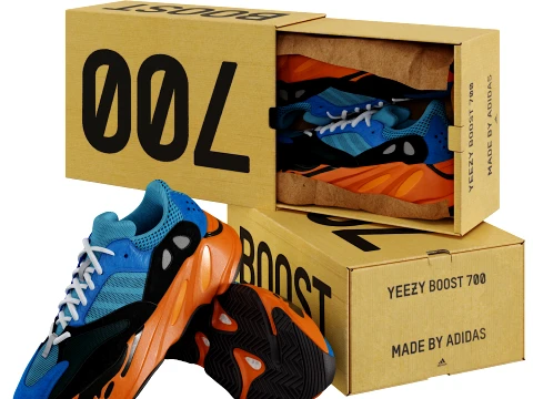 Zapatillas Adidas Yeezy Boost 700 en azul brillante con caja Modelo 3D