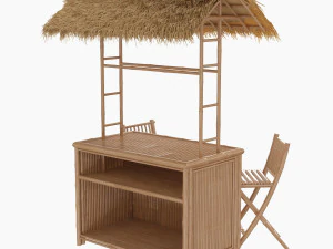bar tiki no telhado palapa com cadeiras de bambu Modelo 3D