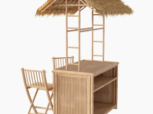 bar tiki no telhado palapa com cadeiras de bambu Modelo 3D