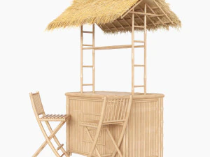 bar tiki no telhado palapa com cadeiras de bambu Modelo 3D