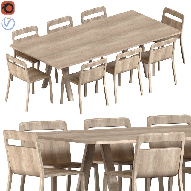 Plateau Table Oak Finish and Hollywood Chair Natural Oak 3D Model .c4d .max .obj .3ds .fbx .stl .blend 
