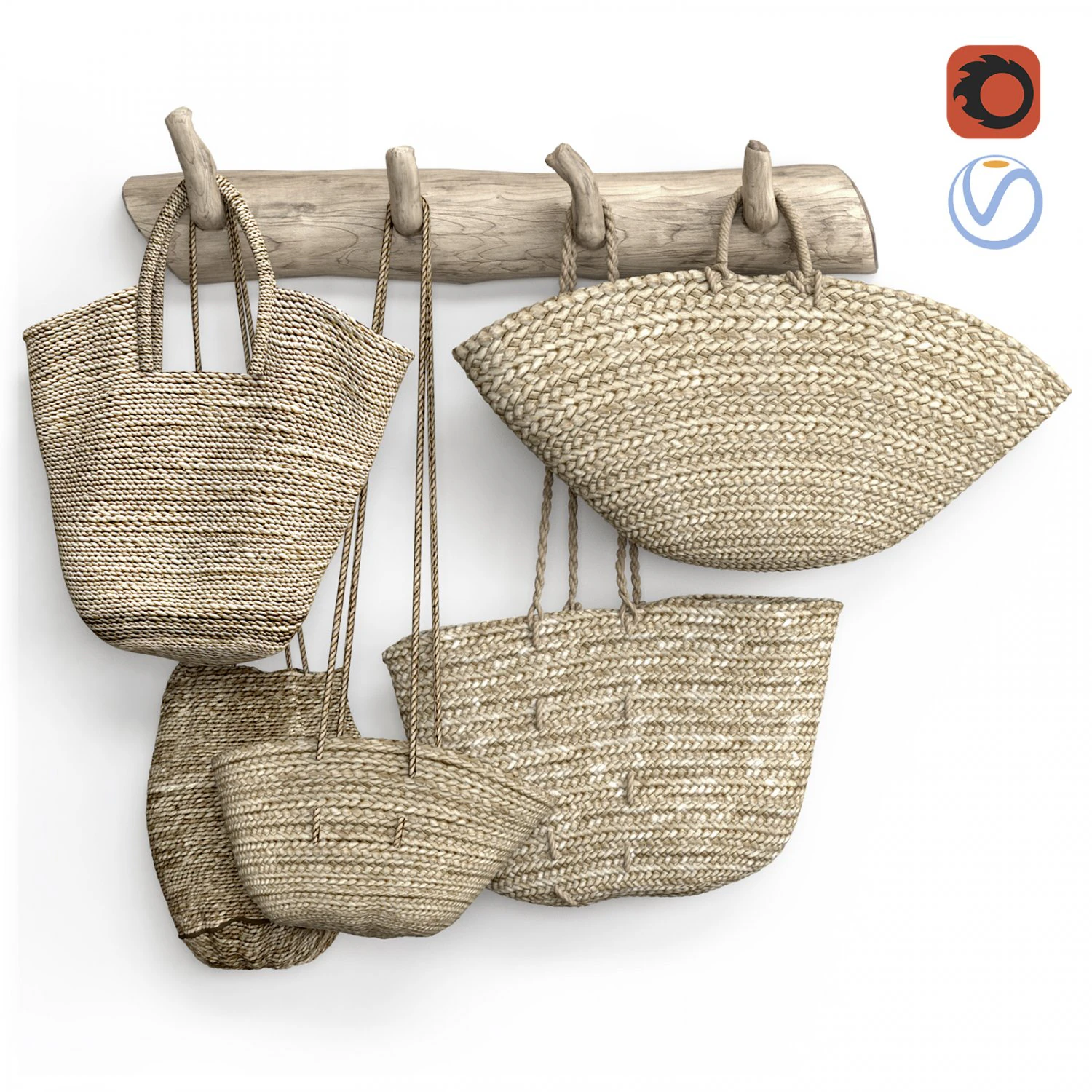 Wall decor set with old wicker bags 3D Model .c4d .max .obj .3ds .fbx .stl .blend 
