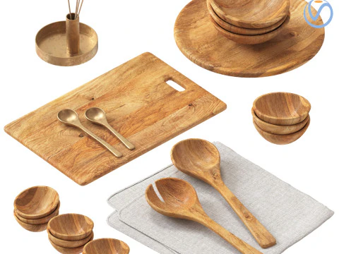 CONJUNTO DE SERVIDORES DE SALADA DE MADEIRA DE MANGA acess&oacute;rios Modelo 3D