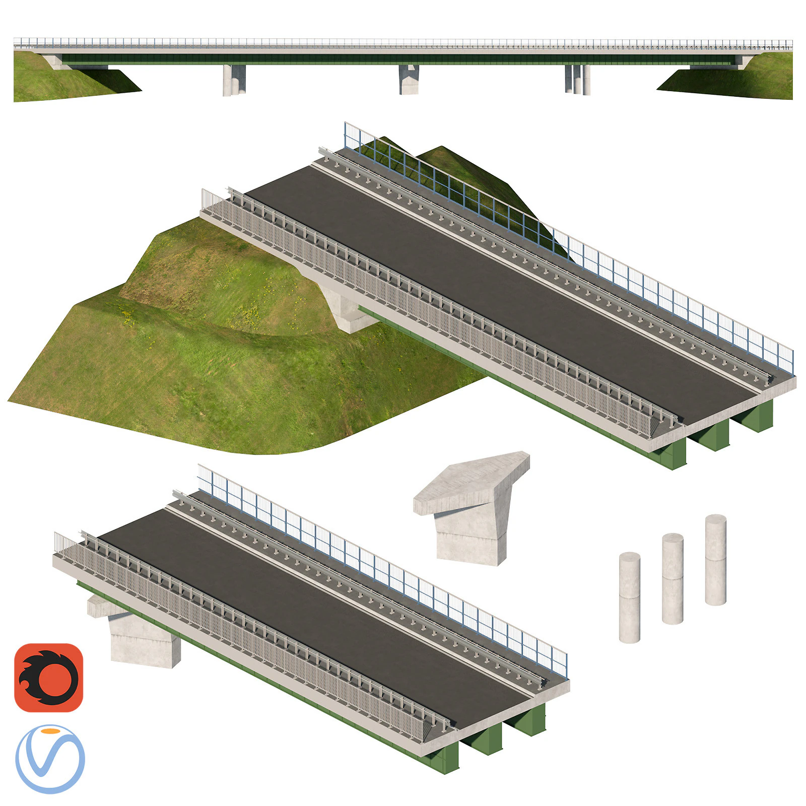 Road bridge one lane 02 3D Model .c4d .max .obj .3ds .fbx .stl .blend