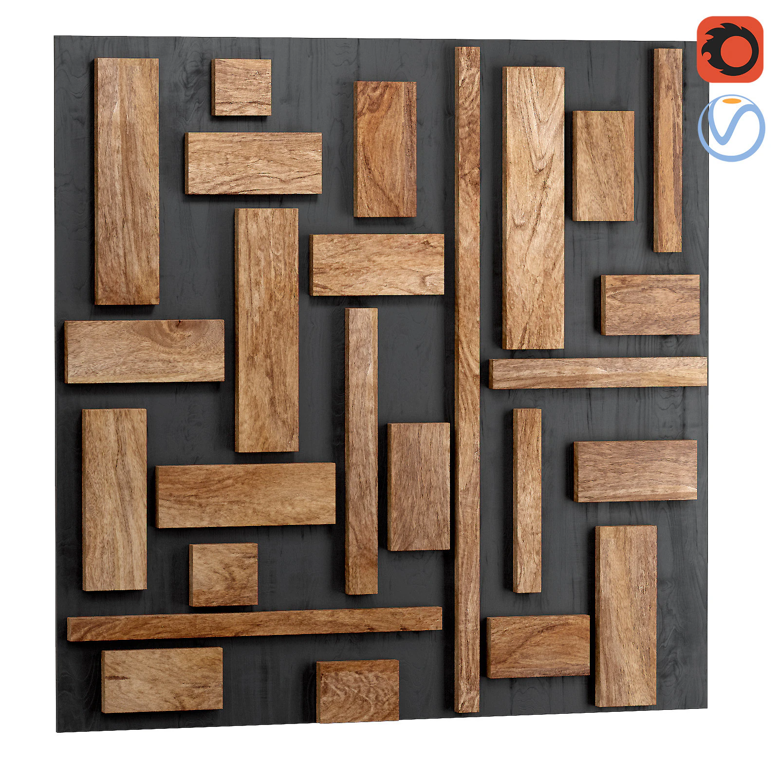 Decorative black wall panel with wooden planks elements 3D Model .c4d .max .obj .3ds .fbx .stl .blend 