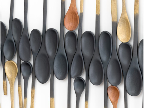Decorative wooden set with black painted oldest spoons Modelo 3D