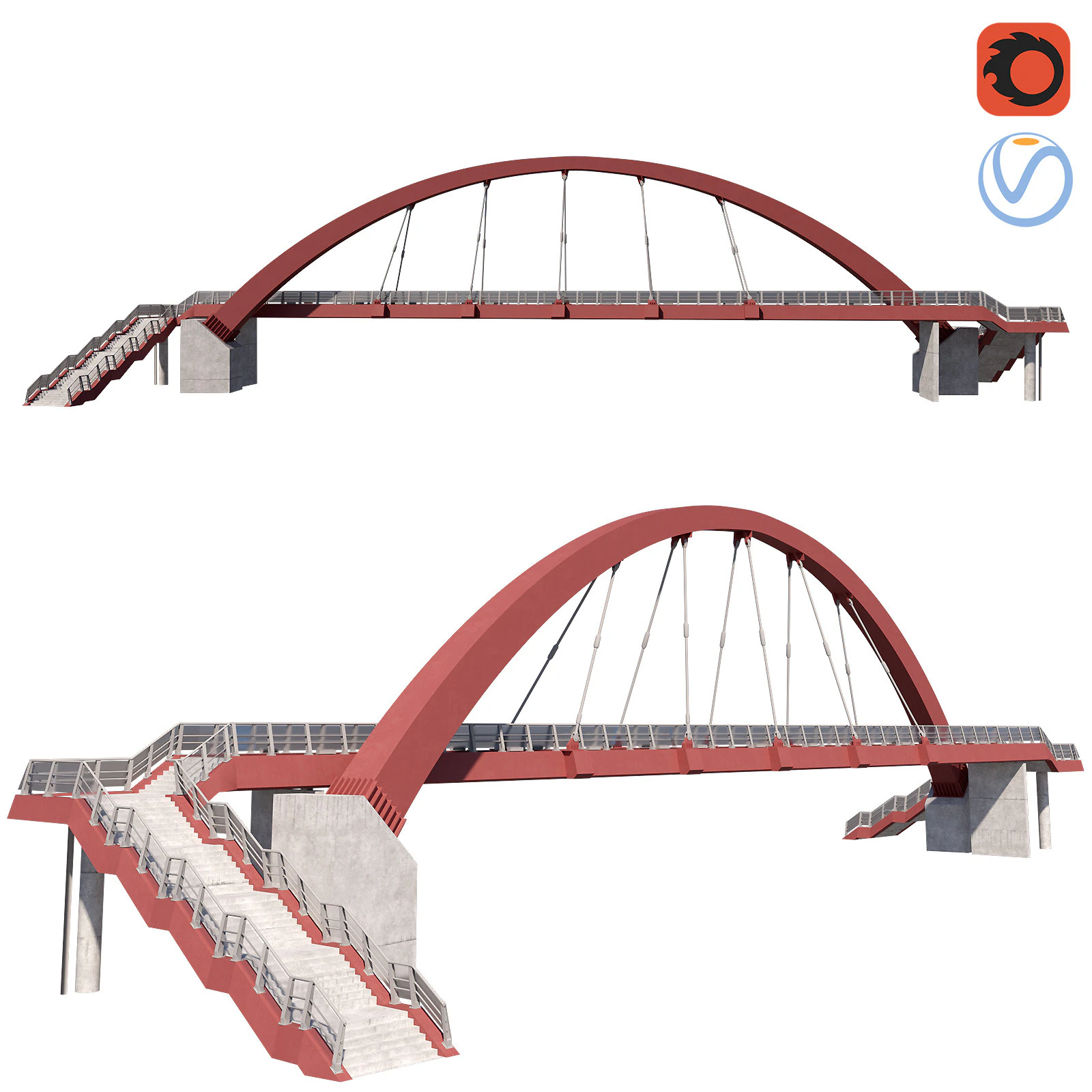 Bridge-04 cable-stayed pedestrian bridge supported by an arch structure 3D Model .c4d .max .obj .3ds .fbx .stl .blend 