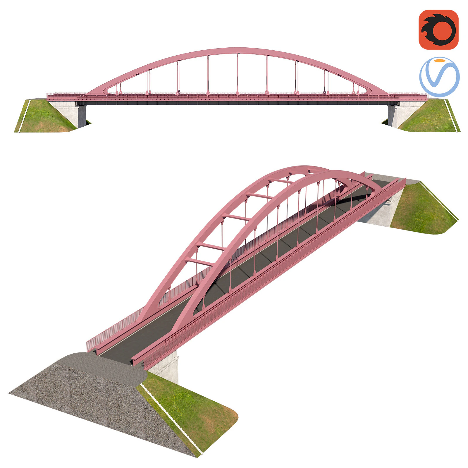 Ponte-05 ponte em arco met&aacute;lico sobre uma rodovia com &aacute;reas de pedestres Modelo 3D .c4d .max .obj .3ds .fbx .stl .blend 